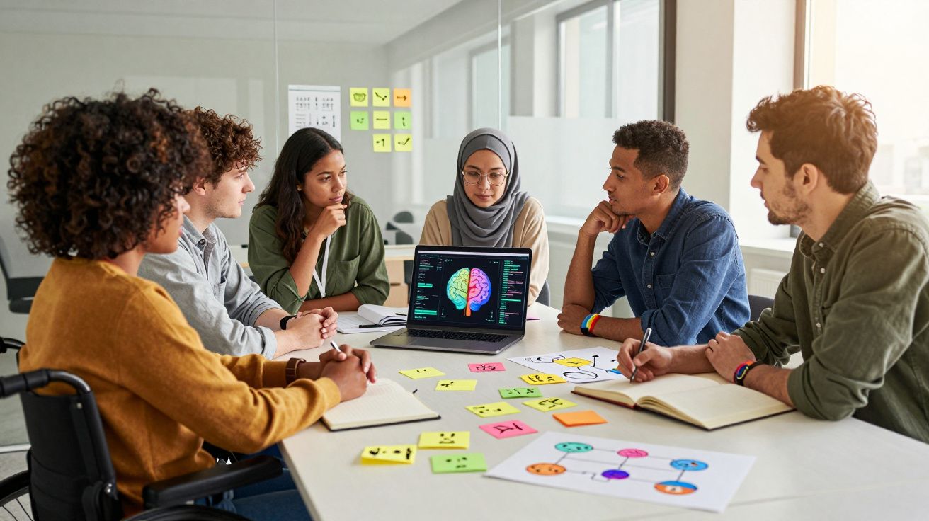 Grupo diversificado a discutir dados sobre cérebro num portátil, com notas coloridas numa mesa de reunião.