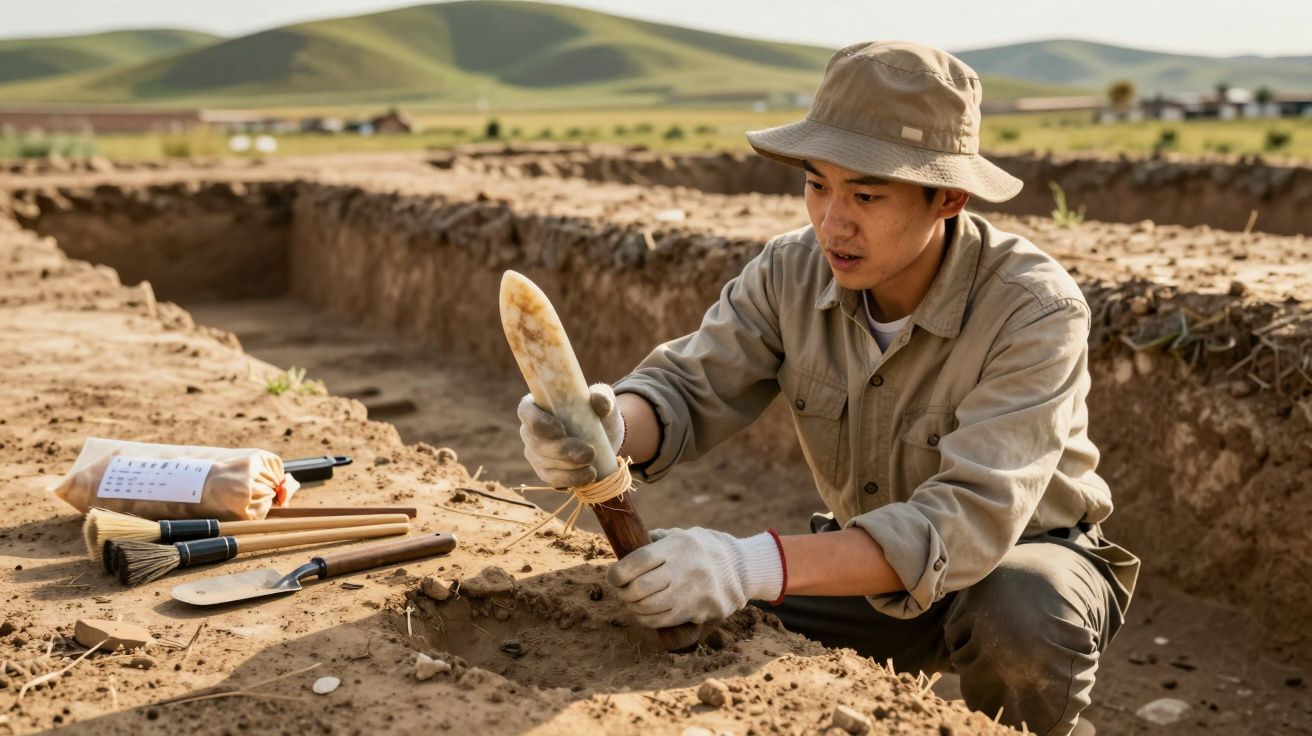 Arqueólogo trabalha numa escavação ao ar livre, segurando um artefacto antigo no deserto.