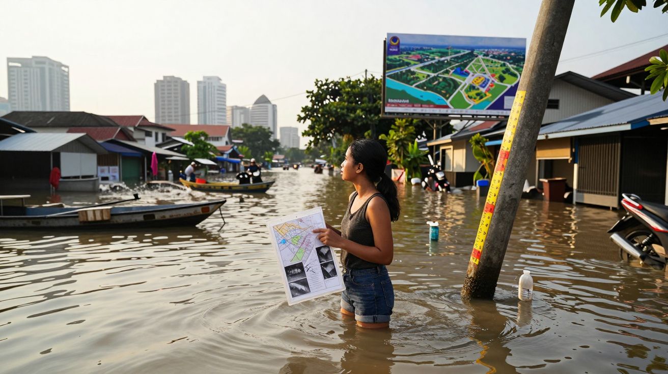 Mulher em águas de cheia numa área urbana, segurando mapas, com barcos e edifícios ao fundo.