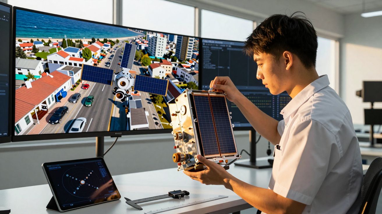 Jovem inspeciona modelo de satélite numa sala com ecrãs de simulação espacial ao fundo.