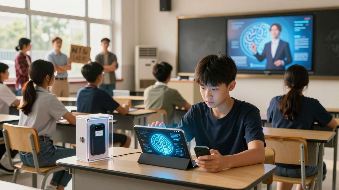 Aluno a usar tablet e telemóvel numa sala de aula com aulas digitais e colegas em segundo plano.