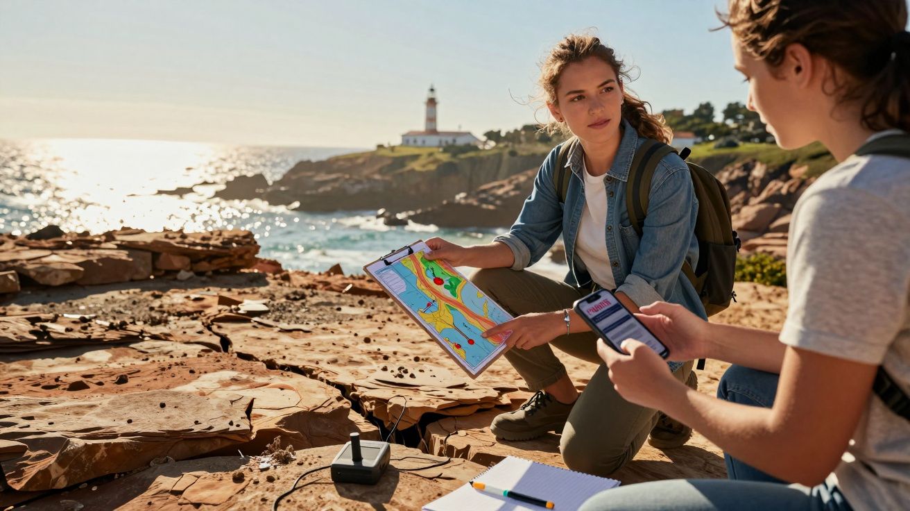 Duas pessoas estudam mapas e usam dispositivos eletrónicos numa zona rochosa perto do mar com um farol ao fundo.