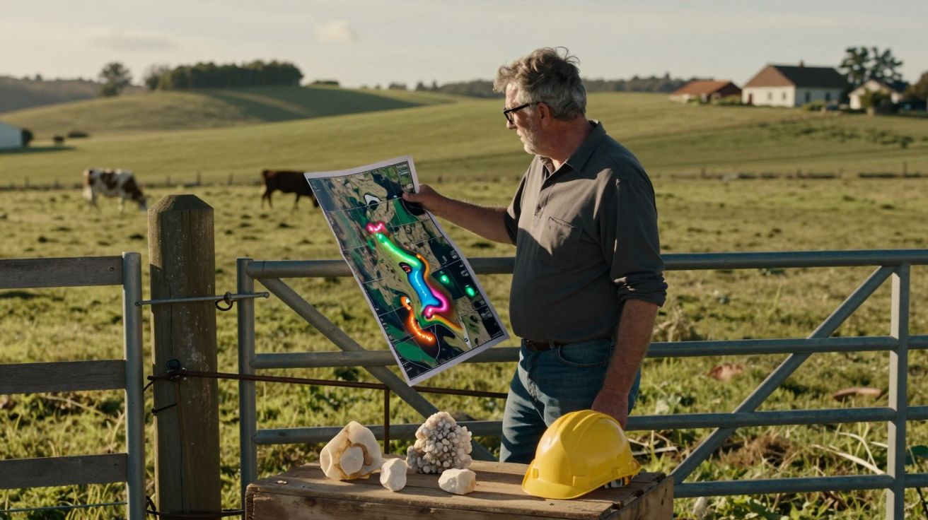 Homem de óculos examina mapa colorido numa quinta com vacas e capacete amarelo sobre mesa de madeira.