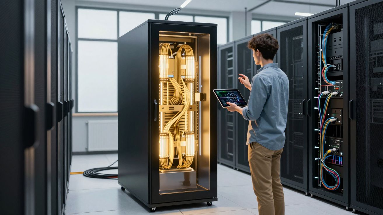 Homem a usar tablet a gerir servidores em sala de data center moderna.