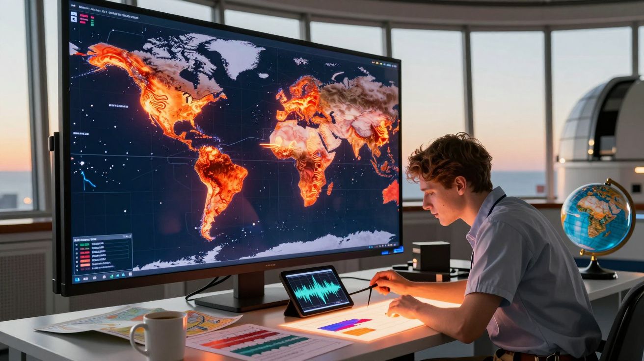 Jovem analisando dados geográficos num ecrã com mapa mundial em tons de fogo, numa sala moderna com globo terrestre.