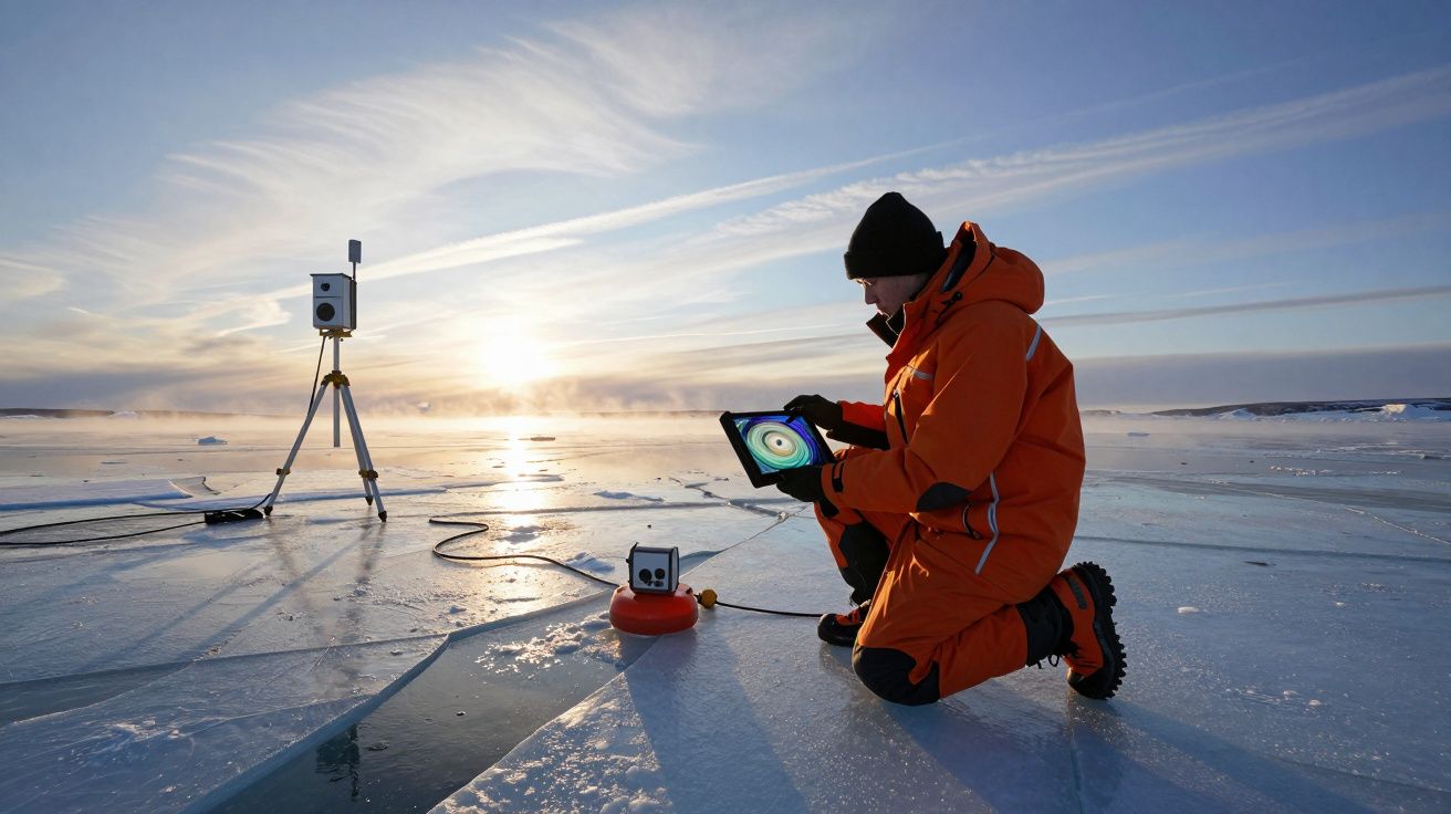 Cientista em roupa de frio observa equipamento de medição no gelo durante o pôr do sol.