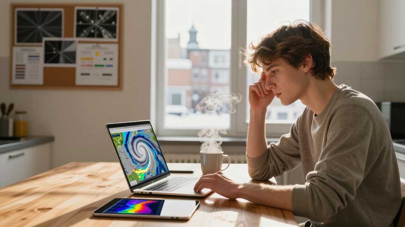 Jovem sentado numa cozinha a analisar mapas meteorológicos no computador portátil e tablet, com chá a fumegar.