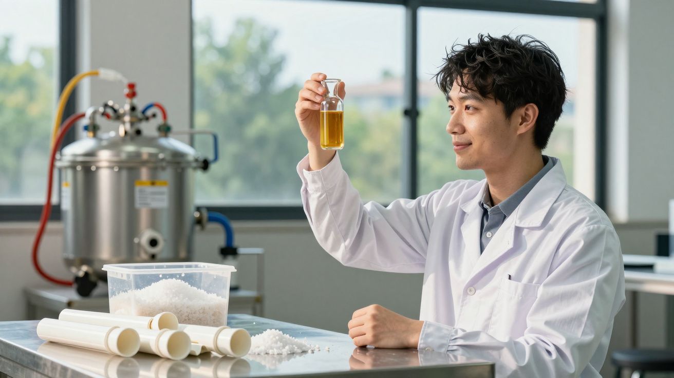 Cientista em laboratório branco observa líquido amarelo em frasco transparente com equipamento e sólidos brancos na mesa.