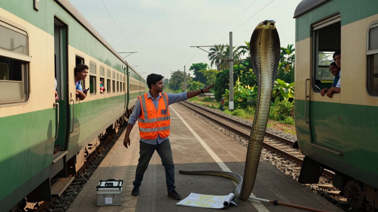 Homem com colete refletor sinaliza cobra gigante entre dois comboios numa estação ferroviária.