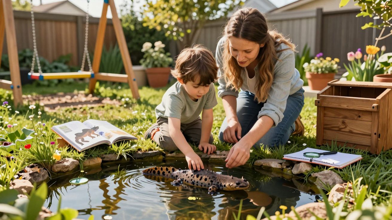 Criança e mulher a explorar um lago pequeno no jardim com brinquedo de salamandra e livro aberto.
