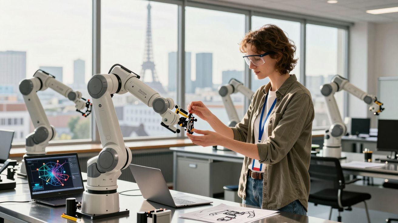 Mulher a trabalhar com braço robótico num laboratório de robótica, em fundo com vista para a Torre Eiffel.