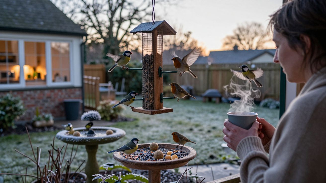 Homem observa com caneca quente pássaros a alimentarem-se em comedouros no jardim ao amanhecer.