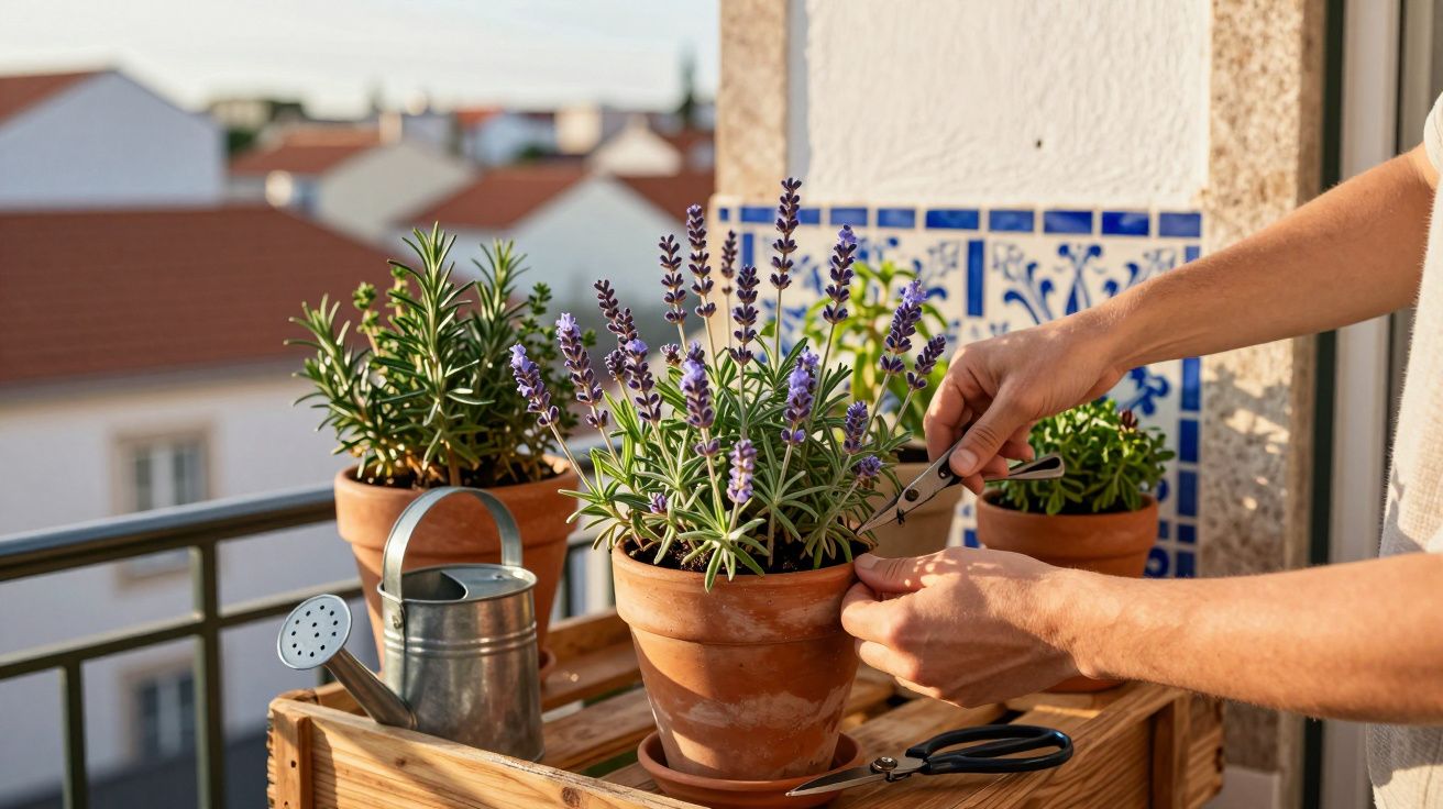 Mãos a podar lavanda em vaso num terraço com regador e outras plantas ao redor ao fim da tarde.