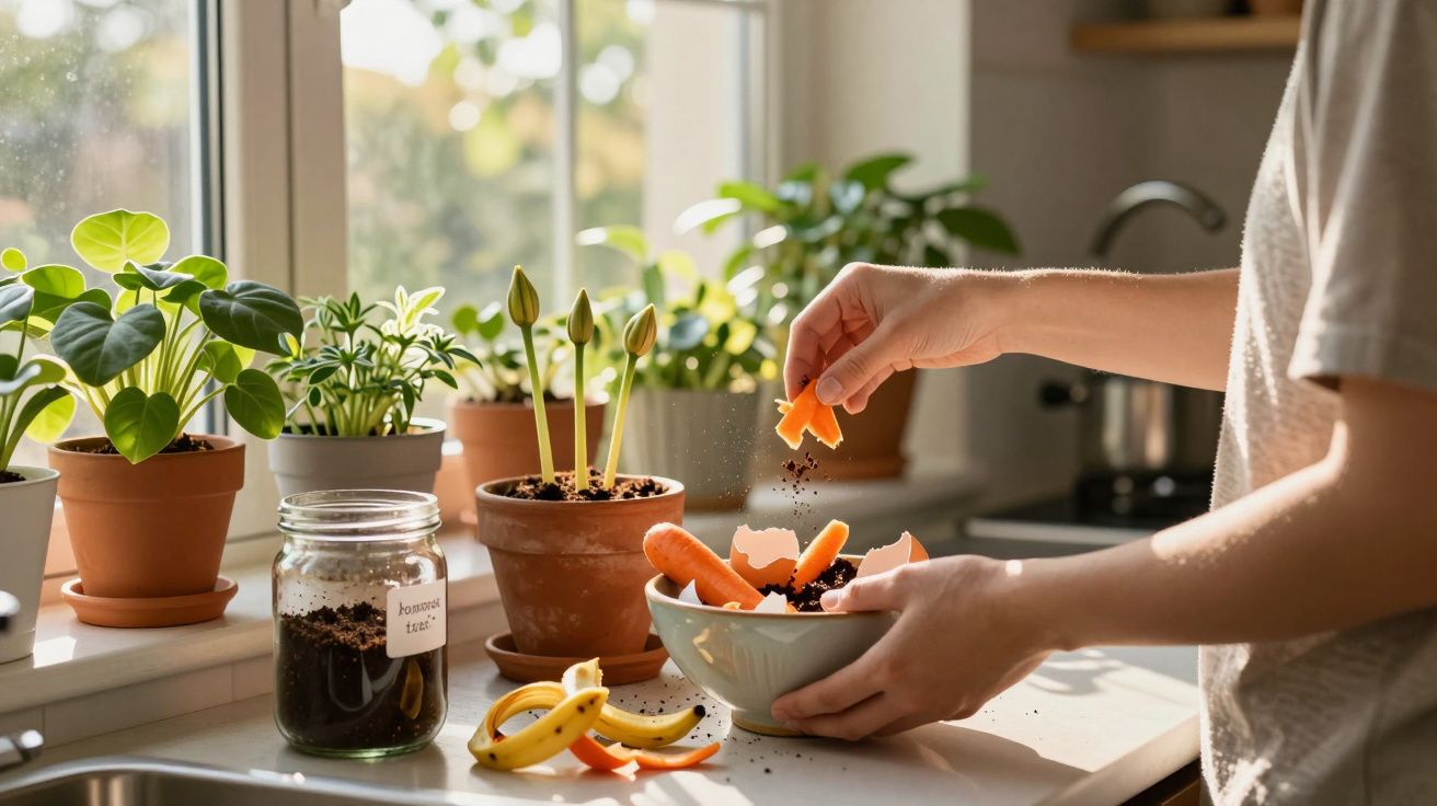 Pessoa a preparar composto orgânico na cozinha com restos de vegetais e plantas em vasos na janela.