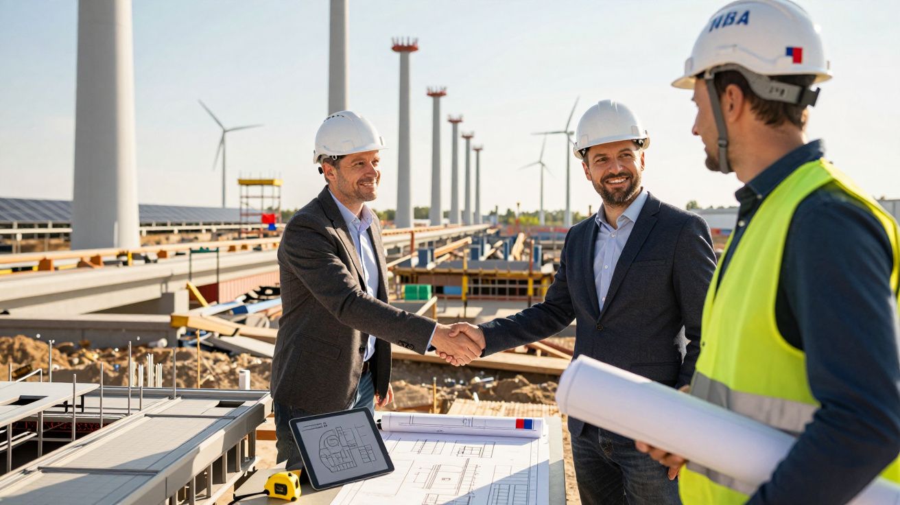 Três homens de capacete em obra de energia eólica, dois apertam mãos e um segura planta arquitetónica.