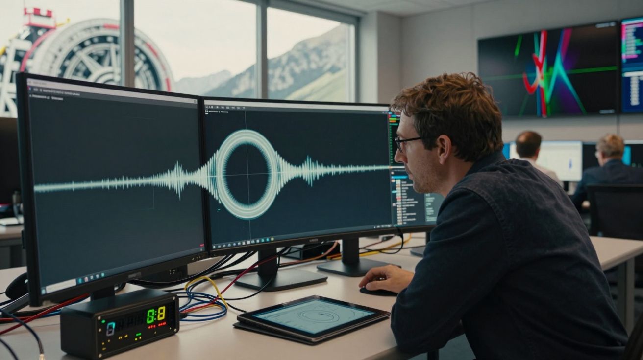 Homem focado a analisar gráficos de ondas sonoras em dois monitores num escritório moderno.