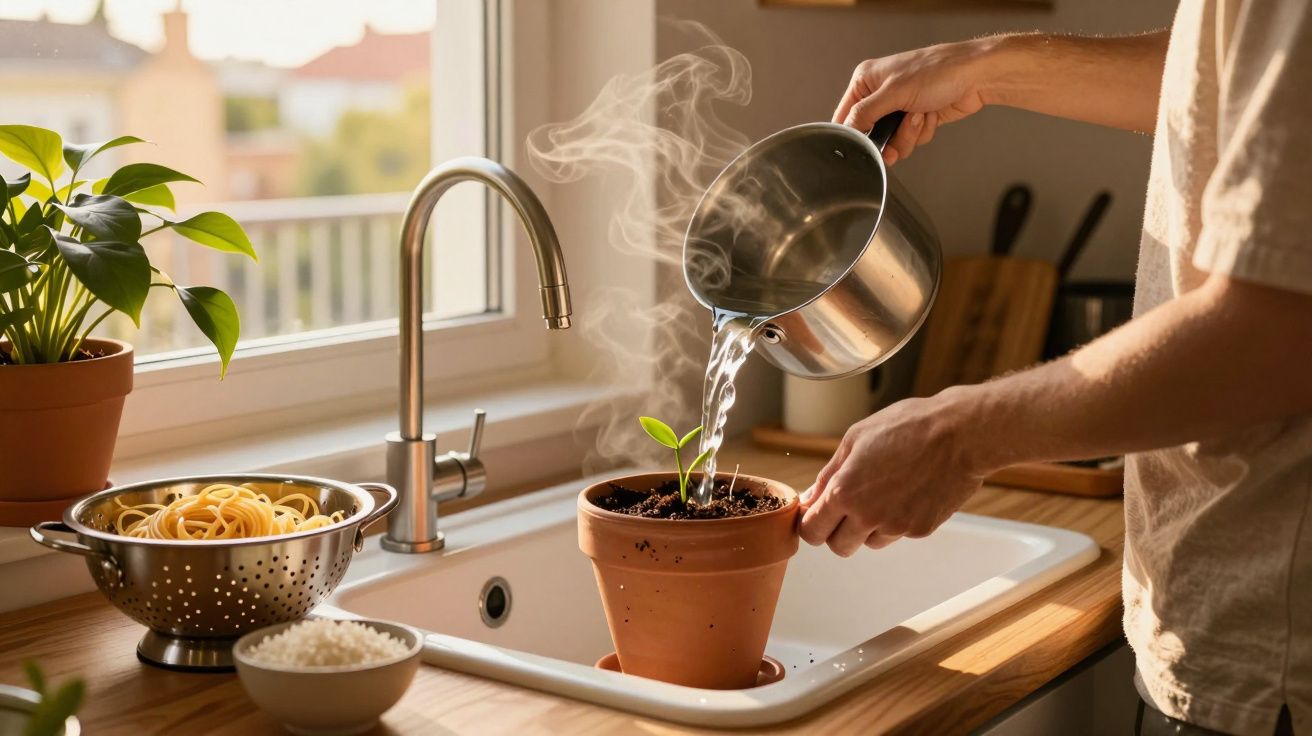Pessoa a regar planta em vaso de barro na cozinha junto a uma janela com luz natural.