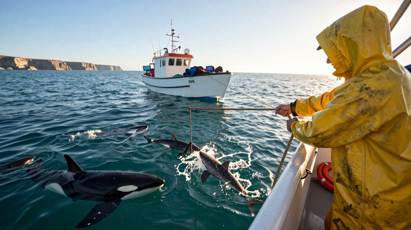 Homem com impermeável amarelo a alimentar tubarões e uma orca no mar junto a dois barcos.