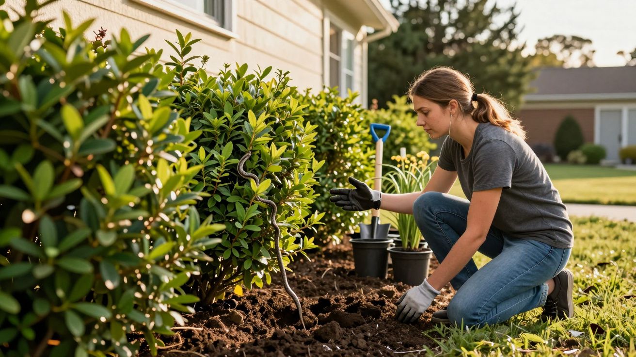 Mulher de joelhos a cuidar de plantas num jardim residencial com luvas e ferramentas de jardinagem.