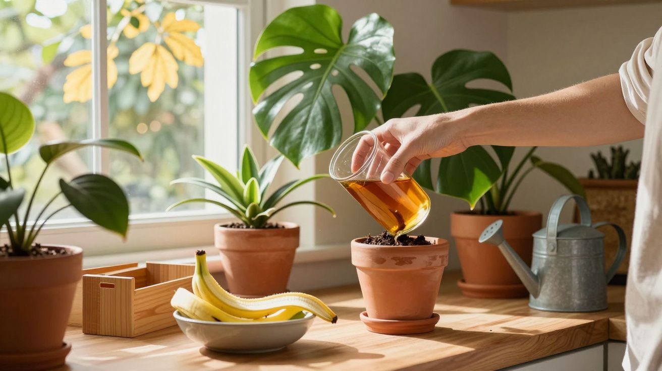 Pessoa a regar planta em vaso de barro, com frutas e outras plantas numa bancada junto à janela iluminada.