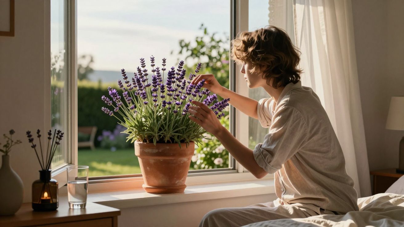 Mulher sentada na cama toca planta de lavanda numa janela aberta com jardim ao fundo.
