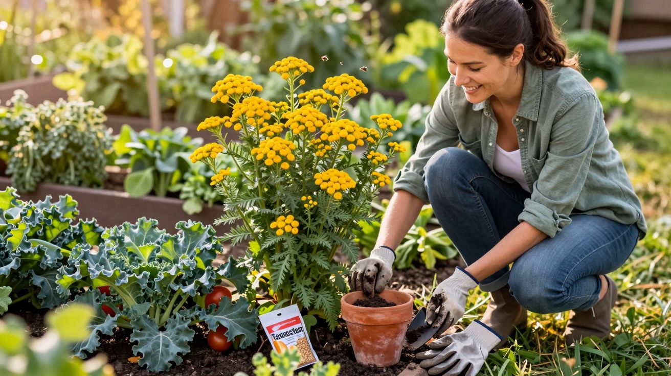 Mulher sorridente a jardinar num campo com flores amarelas e plantas verdes em dia ensolarado.