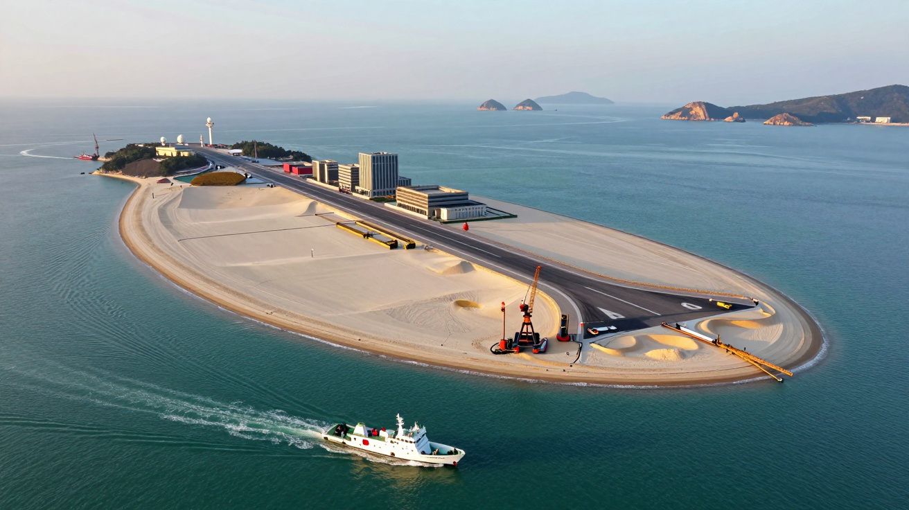 Ilha artificial com edifícios e estrada rodeada por mar, com barco a passar na água calma ao lado.