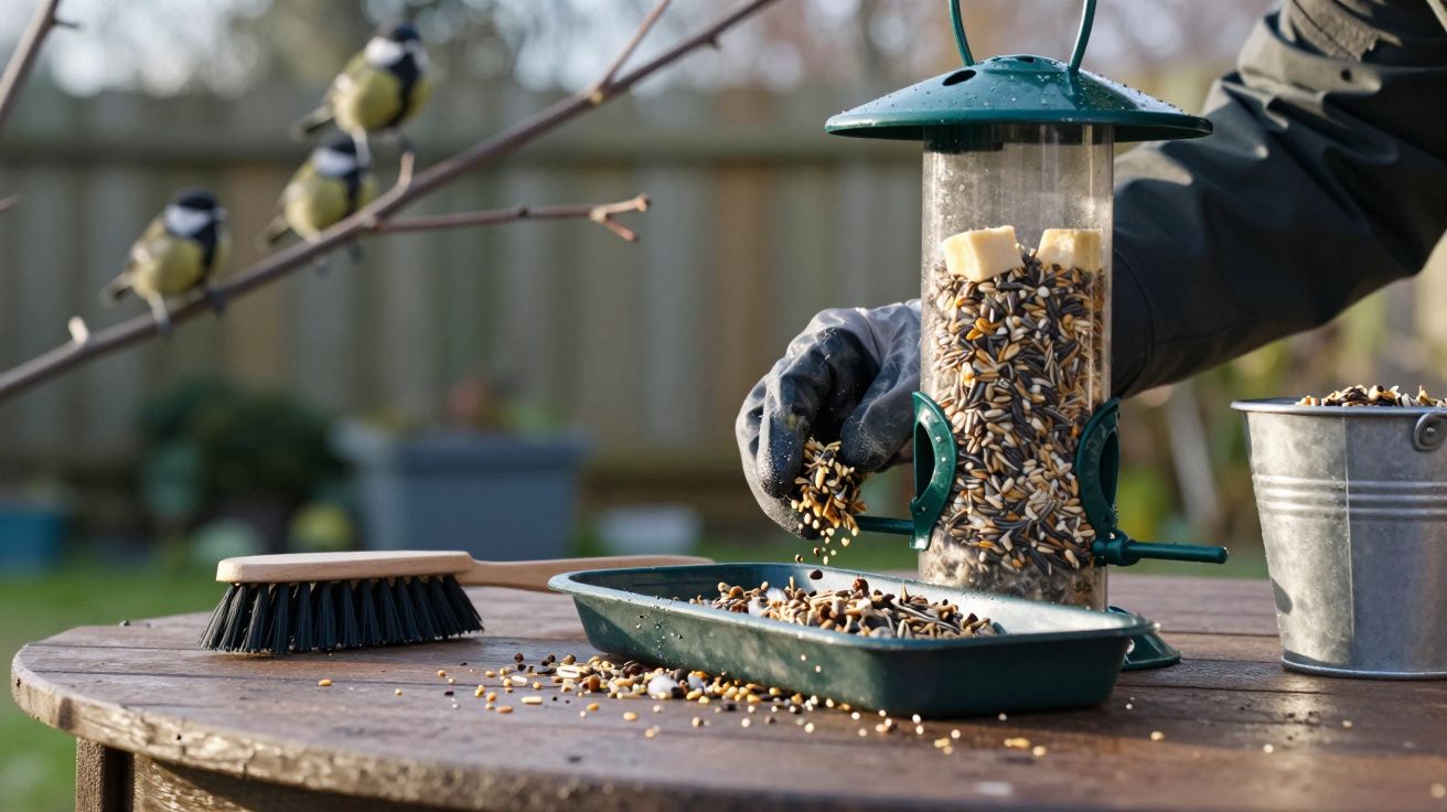 Pessoa com luva a encher alimentador de pássaros com sementes, três pássaros pousados num ramo ao fundo.
