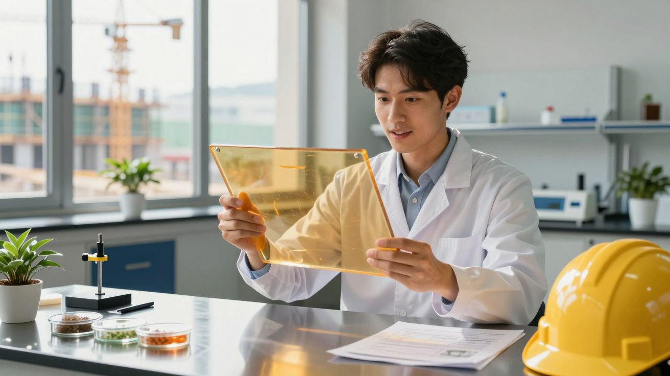 Homem em bata branca a examinar uma placa translúcida num laboratório com equipamentos e capacete amarelo.