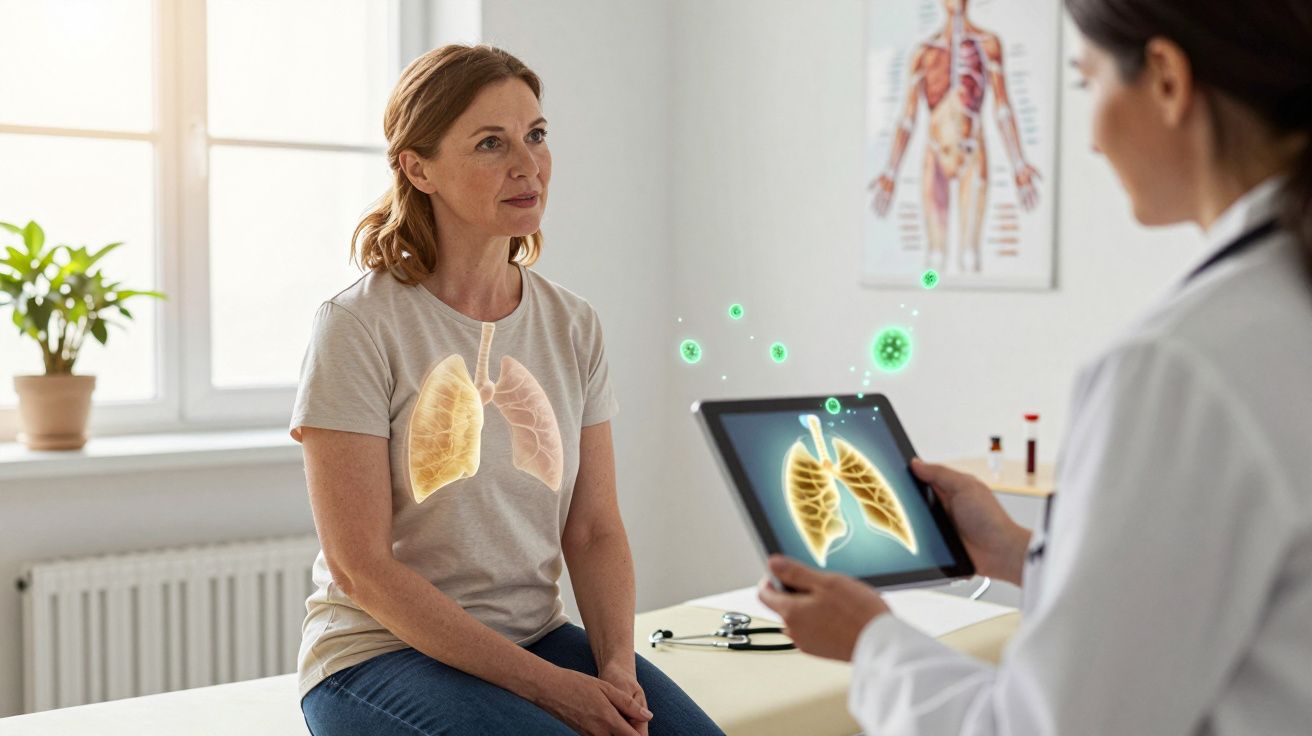 Paciente a conversar com médica que mostra imagem digital dos pulmões numa tablet num consultório clínico.