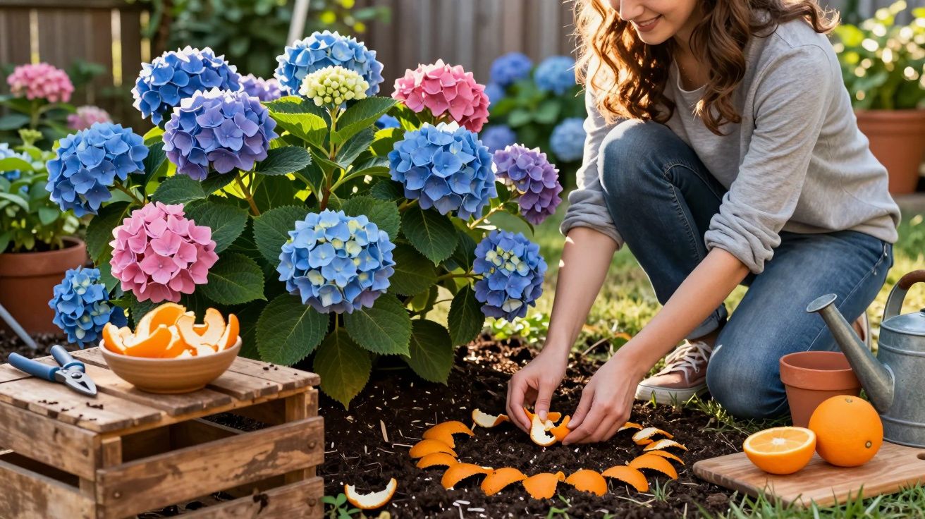 Mulher a colocar cascas de laranja no solo num jardim com flores coloridas e ferramentas de jardinagem.