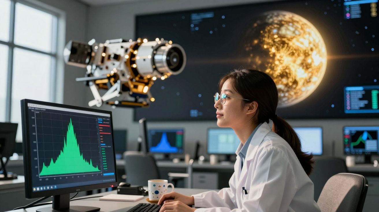 Mulher cientista a analisar dados num gráfico no computador, com telescópio e imagem da lua ao fundo.