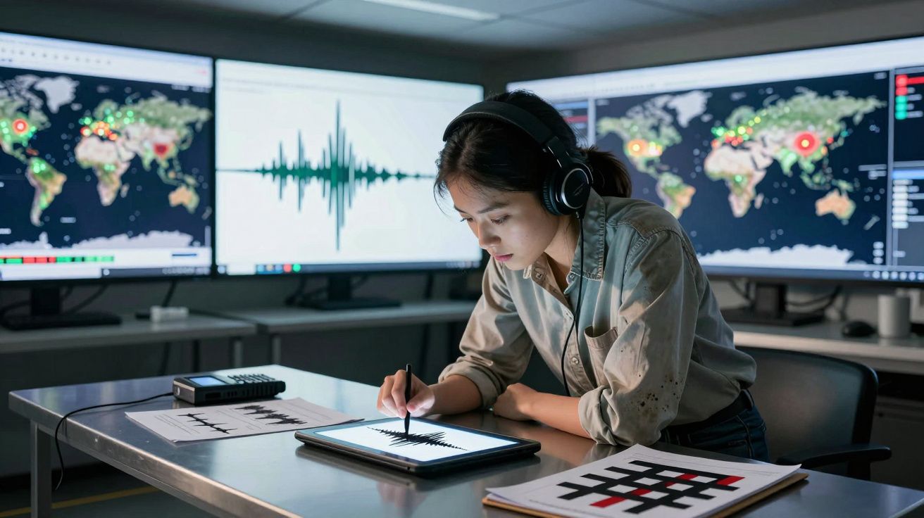 Mulher com auscultadores a analisar dados sísmicos em tablet, com mapas e gráficos em ecrãs atrás.
