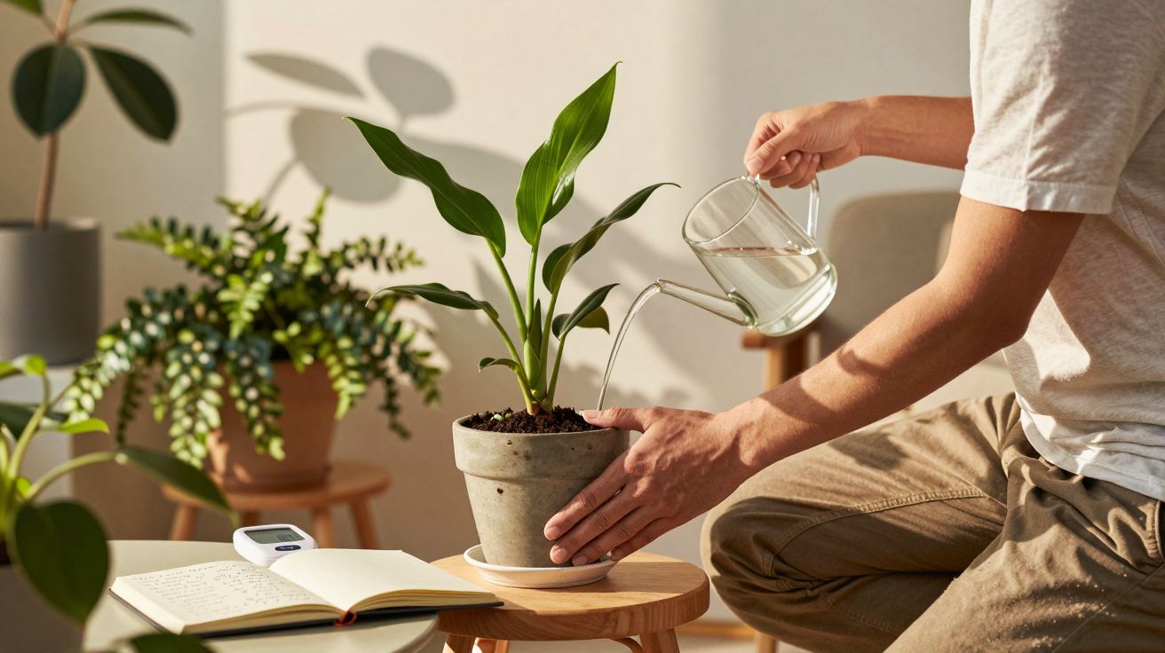 Pessoa a regar planta em vaso num ambiente interior com luz natural e caderno aberto numa mesa.
