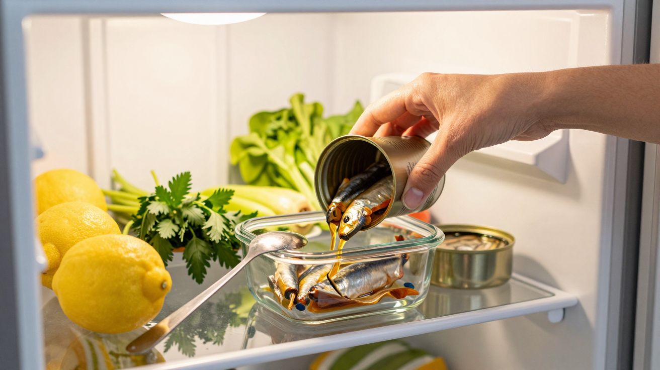 Mão a verter sardinhas de lata para recipiente de vidro dentro do frigorífico com limões e ervas frescas ao fundo.