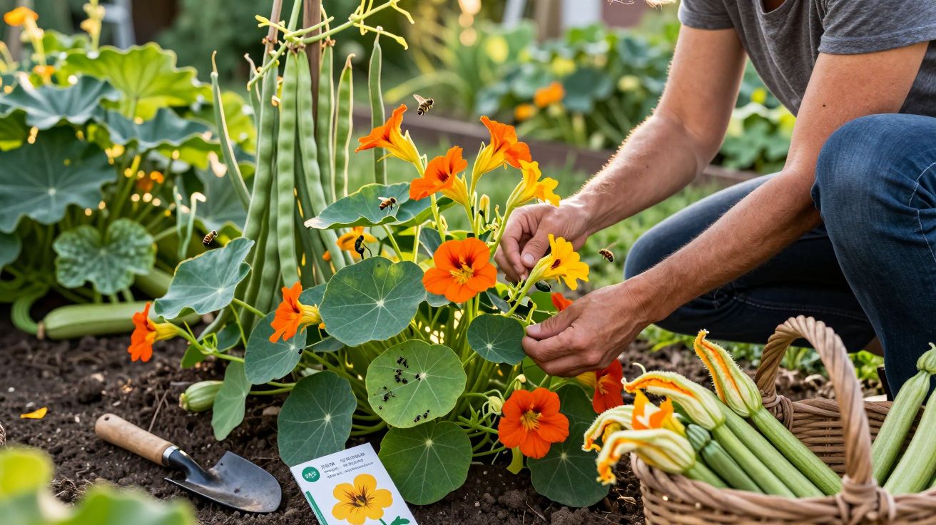 Pessoa a colher flores laranja de capuchinha num jardim com cesta de legumes ao lado.