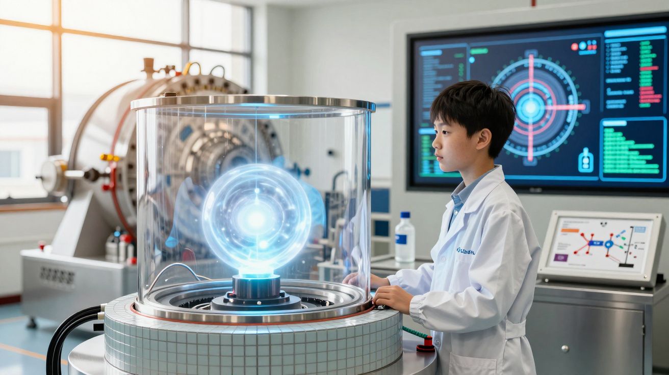 Criança de bata branca observa holograma tecnológico num laboratório futurista com equipamentos avançados e ecrãs digitais.