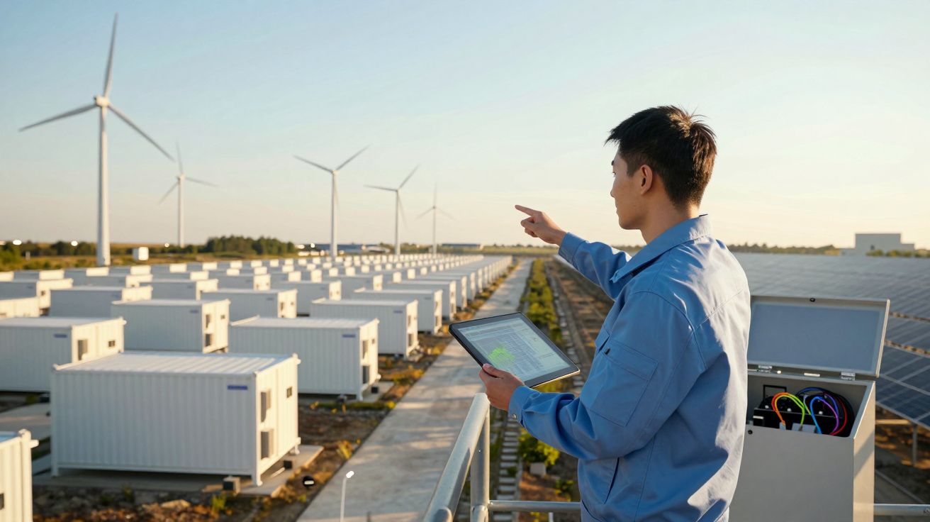Engenheiro com tablet aponta para turbinas eólicas numa instalação solar com baterias.