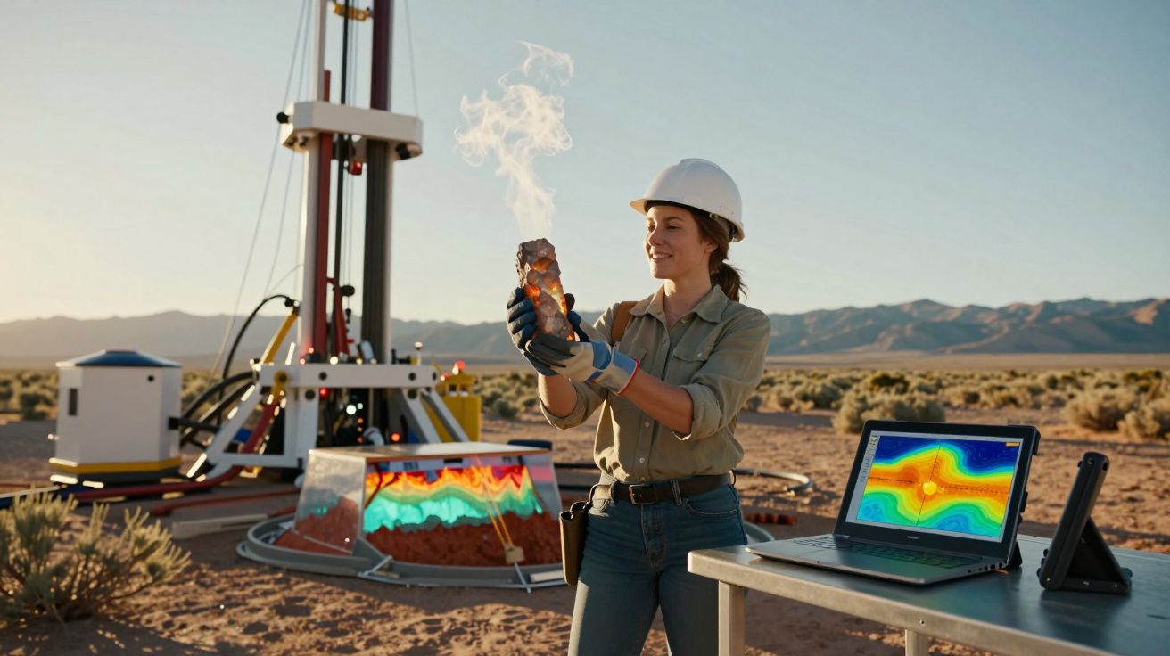 Mulher com capacete segura rocha quente fumegante numa zona de exploração geotérmica no deserto.
