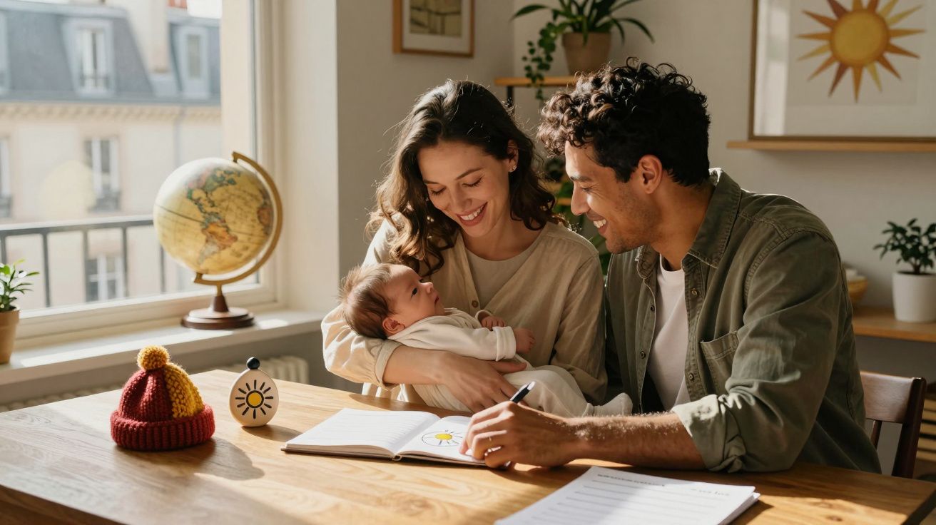 Pais felizes sentados à mesa em casa a cuidar do bebé enquanto riscam num caderno.