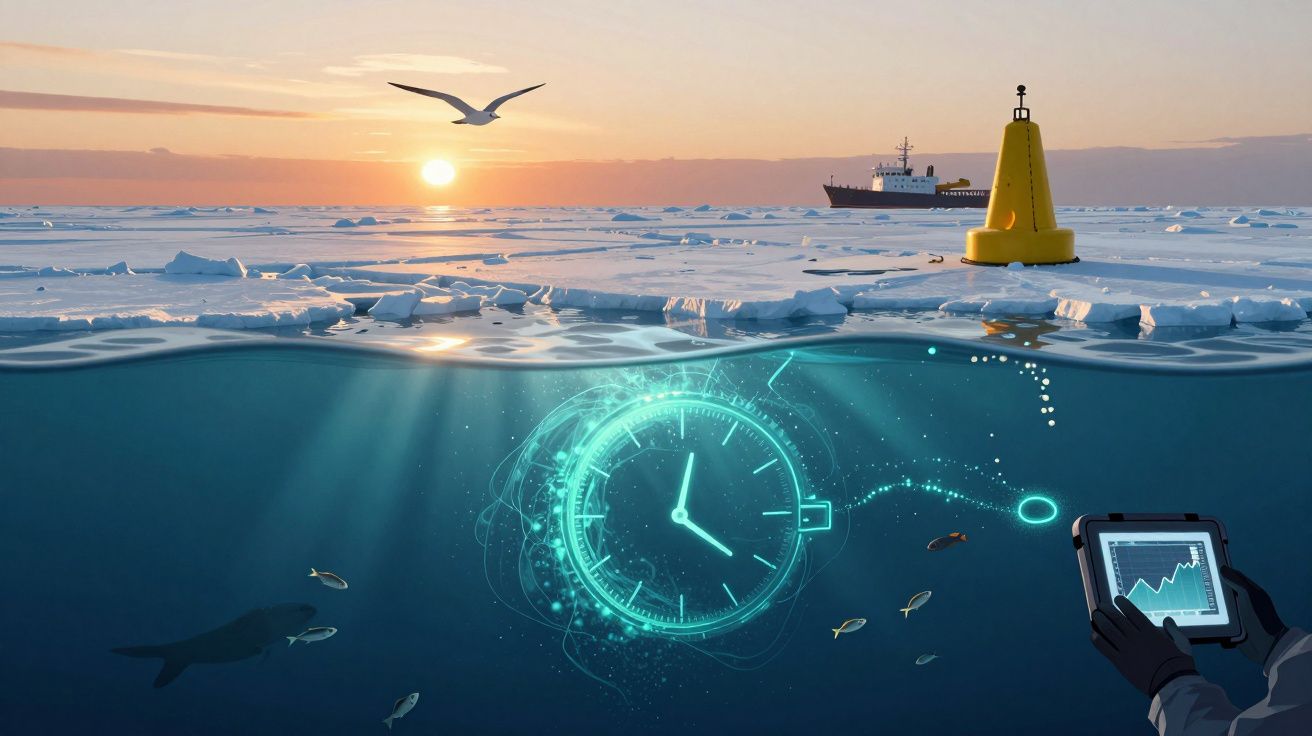 Relógio digital subaquático com peixes, navio e gaivota ao pôr do sol no oceano gelado com bóia amarela.