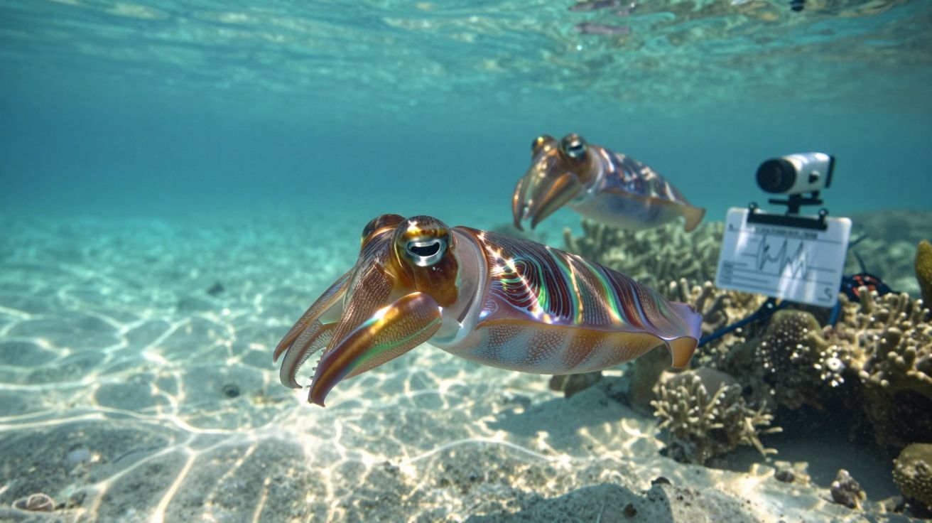 Duas sépias coloridas nadando perto de um recife com equipamento de monitorização subaquática.