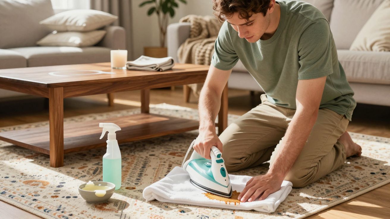 Homem passa a ferro uma t-shirt branca sentado sobre um tapete numa sala de estar acolhedora e iluminada.