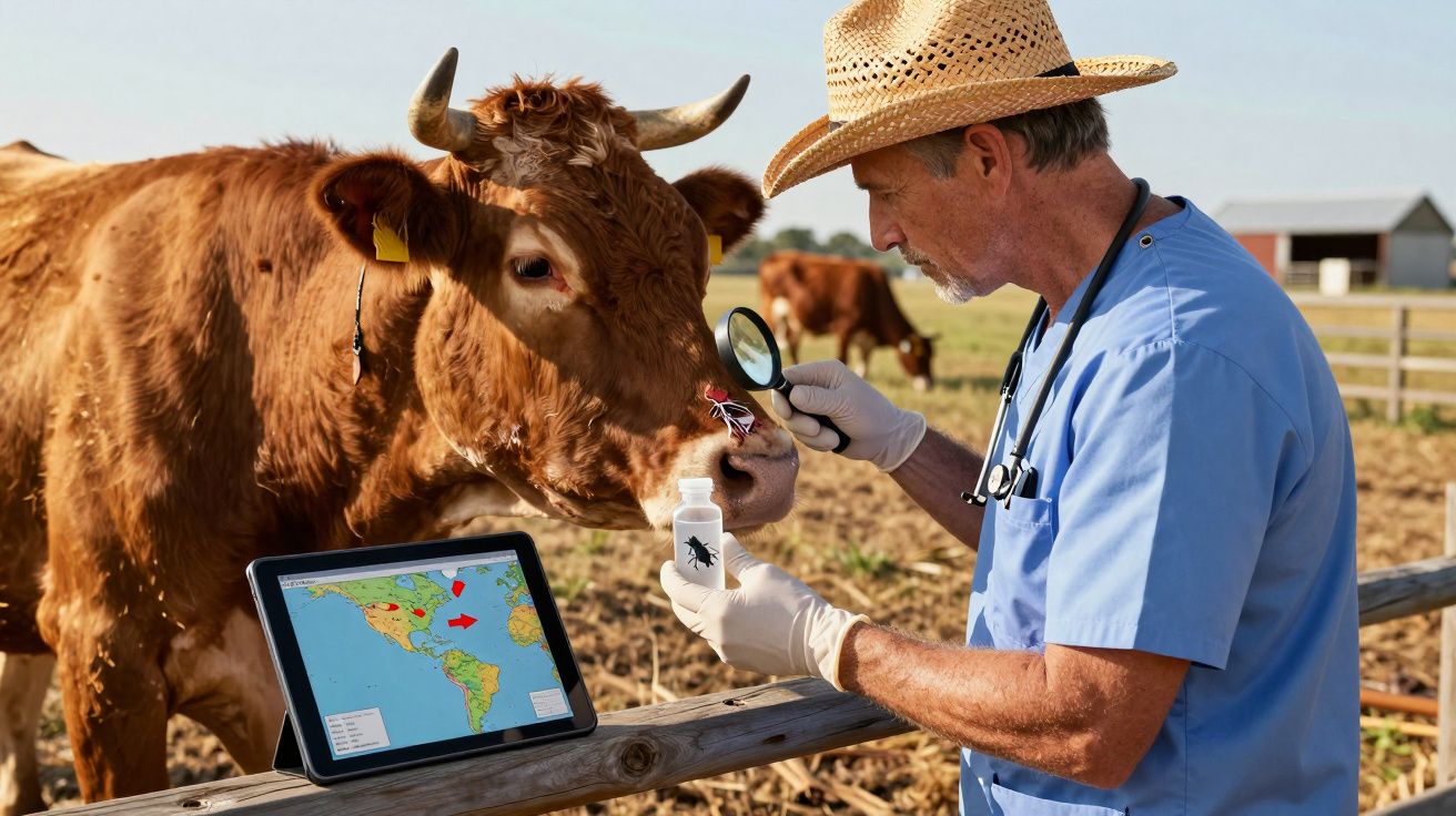 Veterinário inspeciona vaca com lupa e remédio, tablet com mapa apoiado na vedação da quinta.