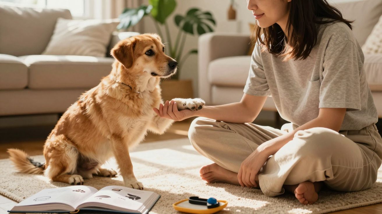 Mulher sentada no chão com cão a dar a pata, livro aberto e ambientação luminosa numa sala acolhedora.