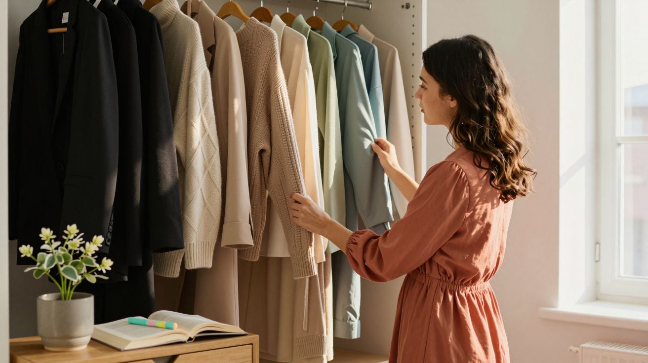 Mulher a escolher roupa num guarda-roupa com casacos e camisolas em tons neutros e pastéis.