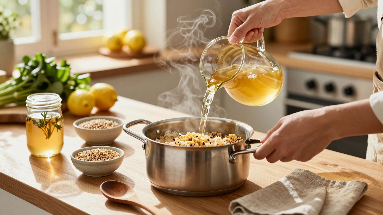 Pessoa a cozinhar quinoa num tacho, a verter caldo quente numa cozinha luminosa e acolhedora.
