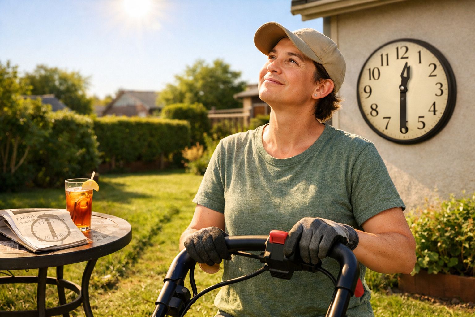 Mulher a cortar relva com cortador, olhando para cima num jardim, relógio marca meio-dia ao fundo.