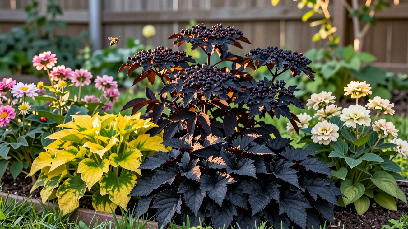 Jardim com plantas variadas, incluindo folhas amarelas, flores brancas e plantas com folhas roxas escuras.
