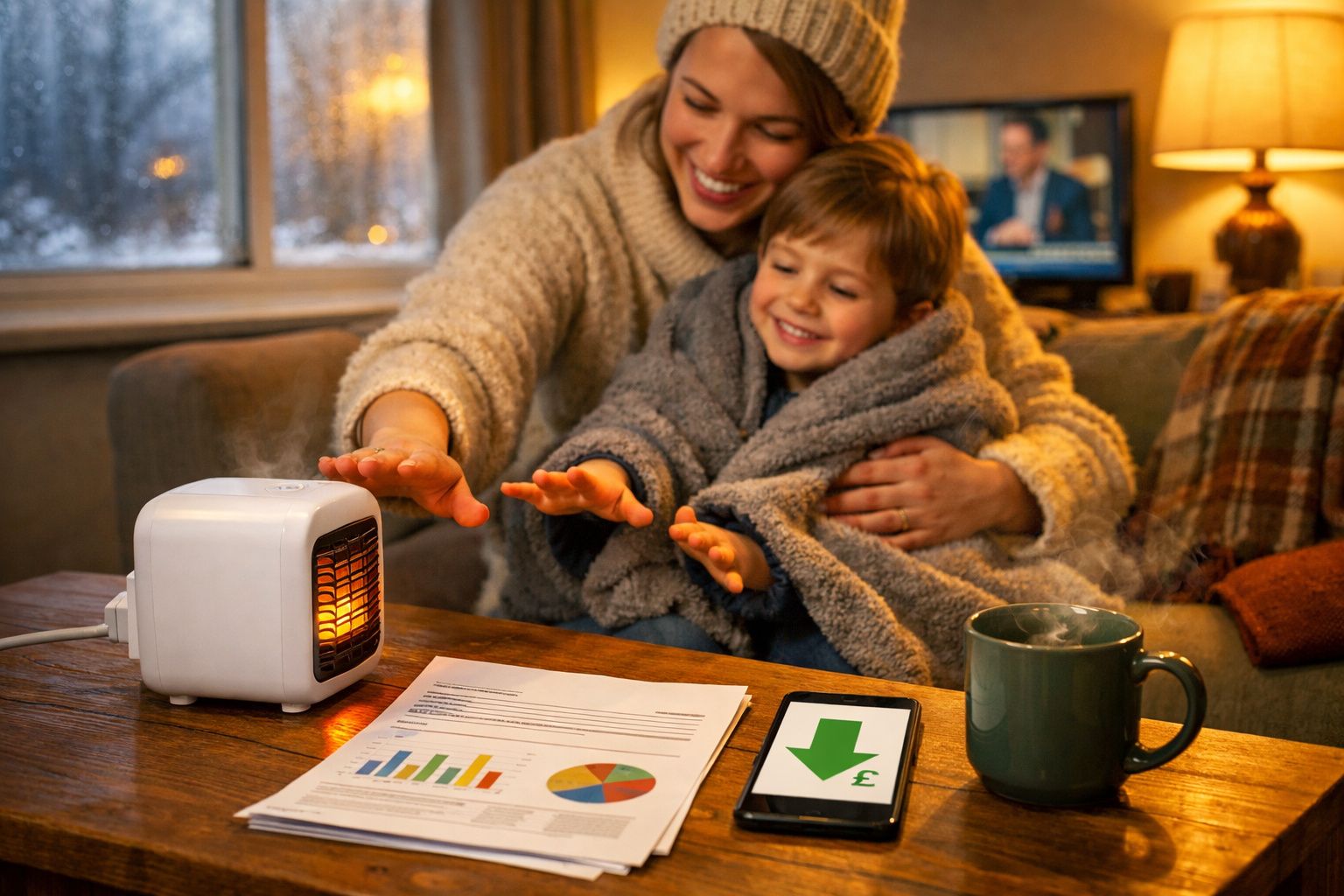 Mãe e filho aquecem as mãos junto a aquecedor portátil numa sala com chá e gráficos numa mesa.